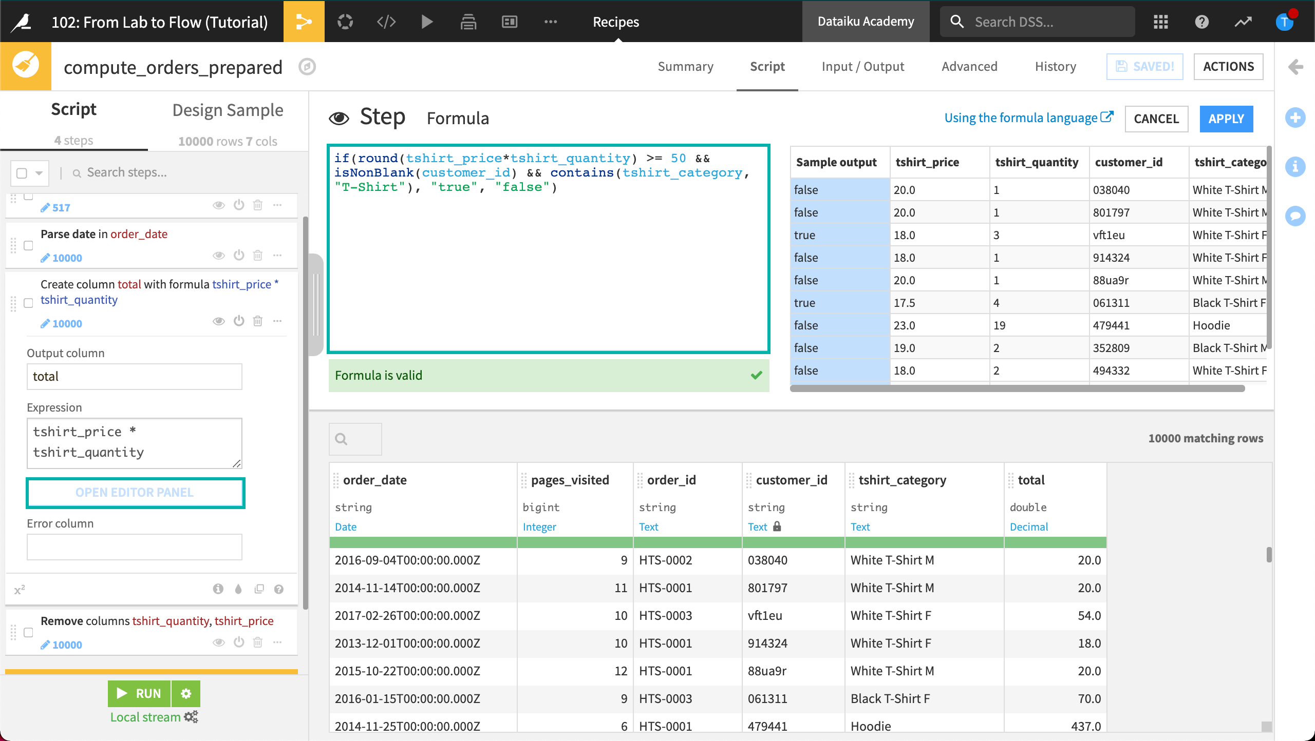 A screenshot of the formula editor in the Prepare recipe.