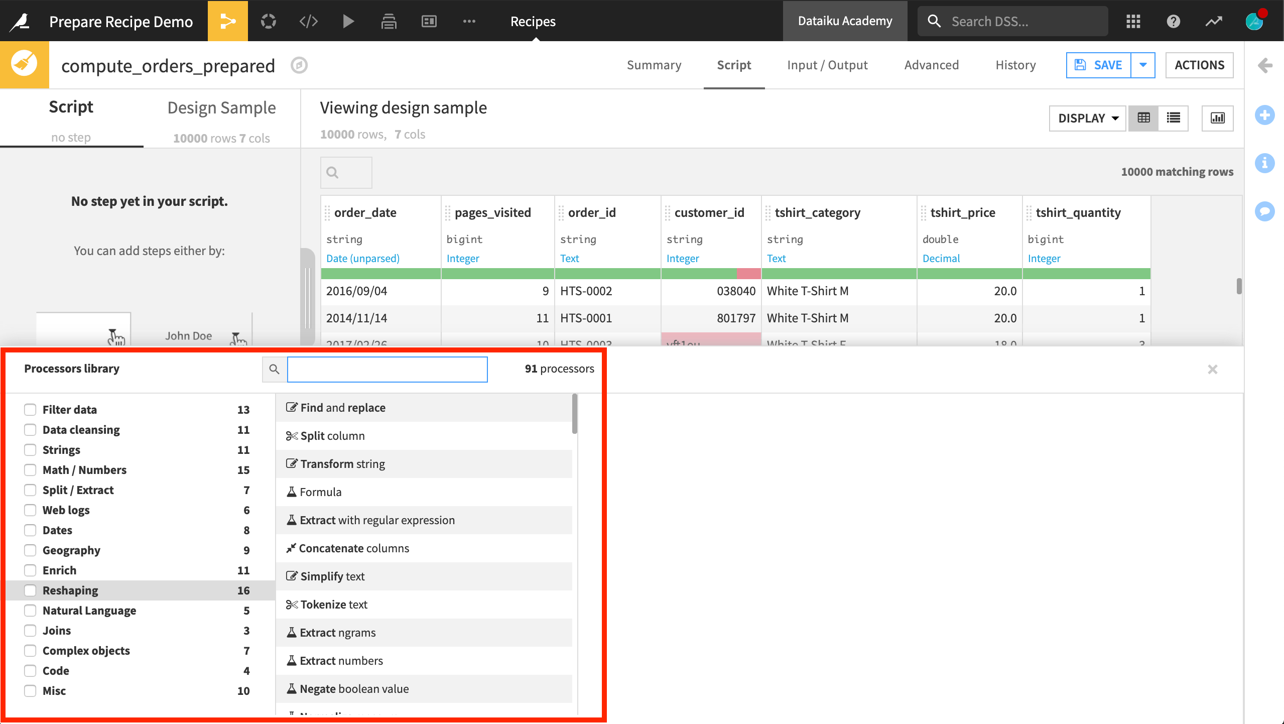 Screenshot showing the processor library in Dataiku.