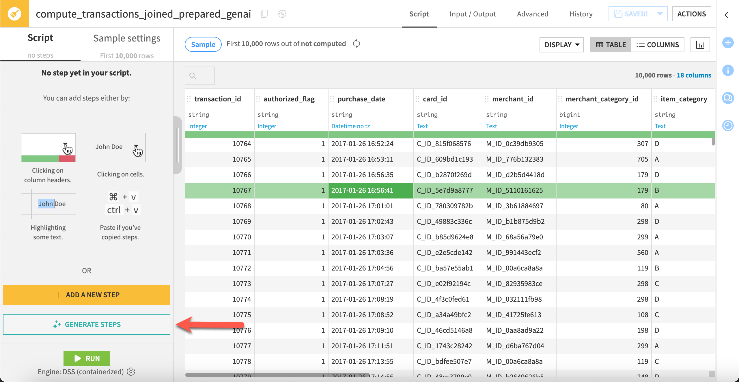 A Dataiku screenshot highlighting the the Prepare recipe step generation options.