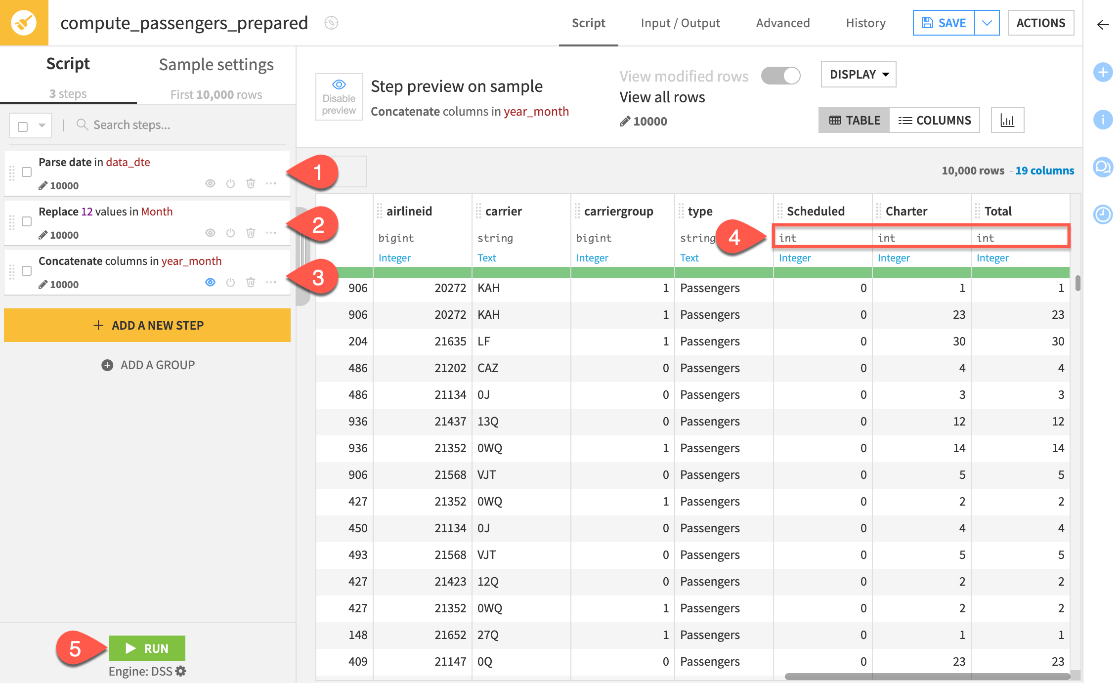 A Dataiku screenshot highlighting the various changes made within the Prepare recipe.