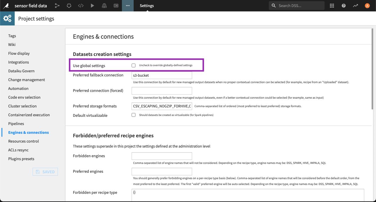 Per-project settings for engines and connections.