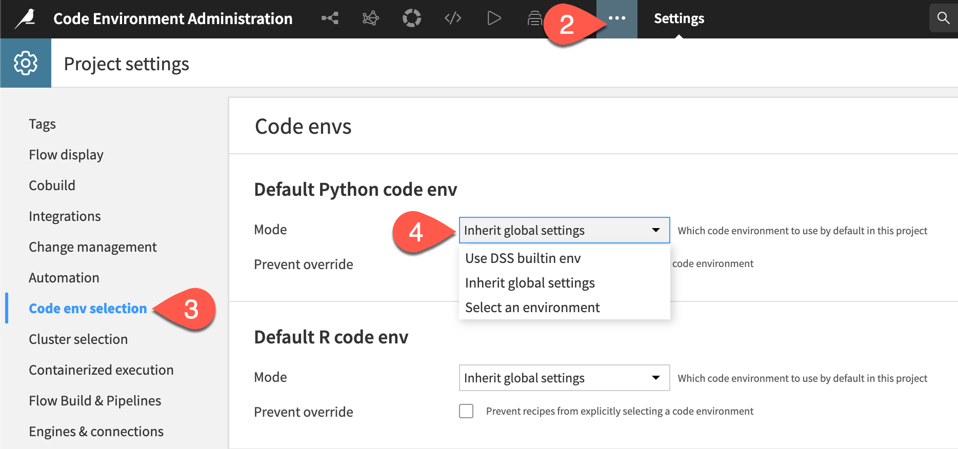 Dataiku screenshot of the Code env selection panel.