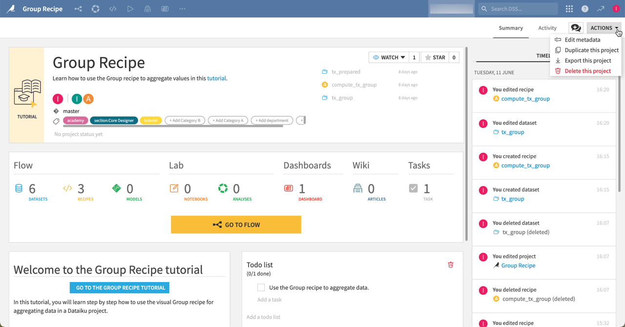 A dataiku screenshot showing a project homepage.