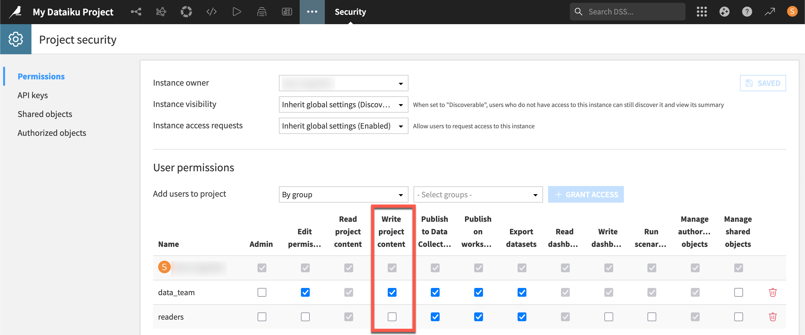 Dataiku screenshot of the permissions panel of the project security page.