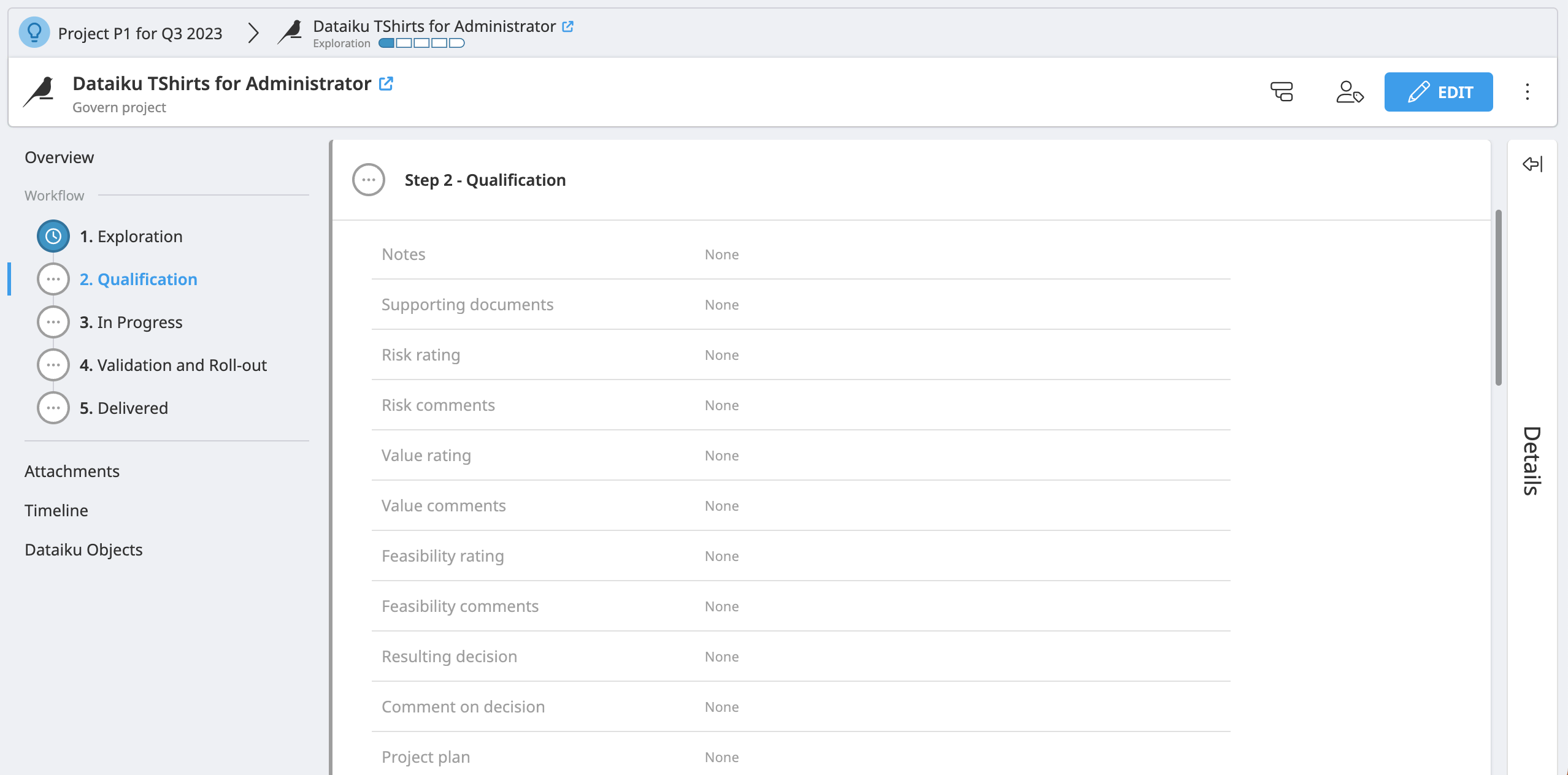 Dataiku Govern screenshot of the project qualification step in a project workflow.