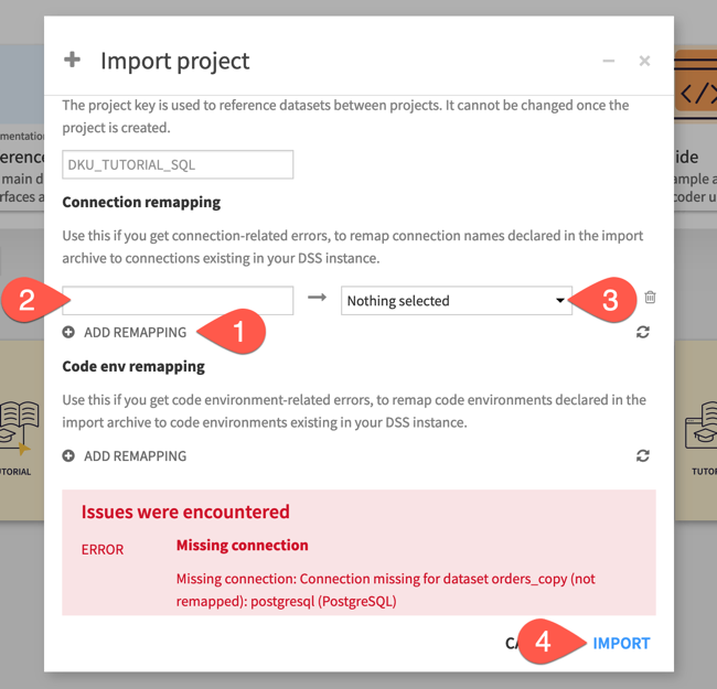 Dataiku screenshot of dialog for remapping the connections when importing a project.