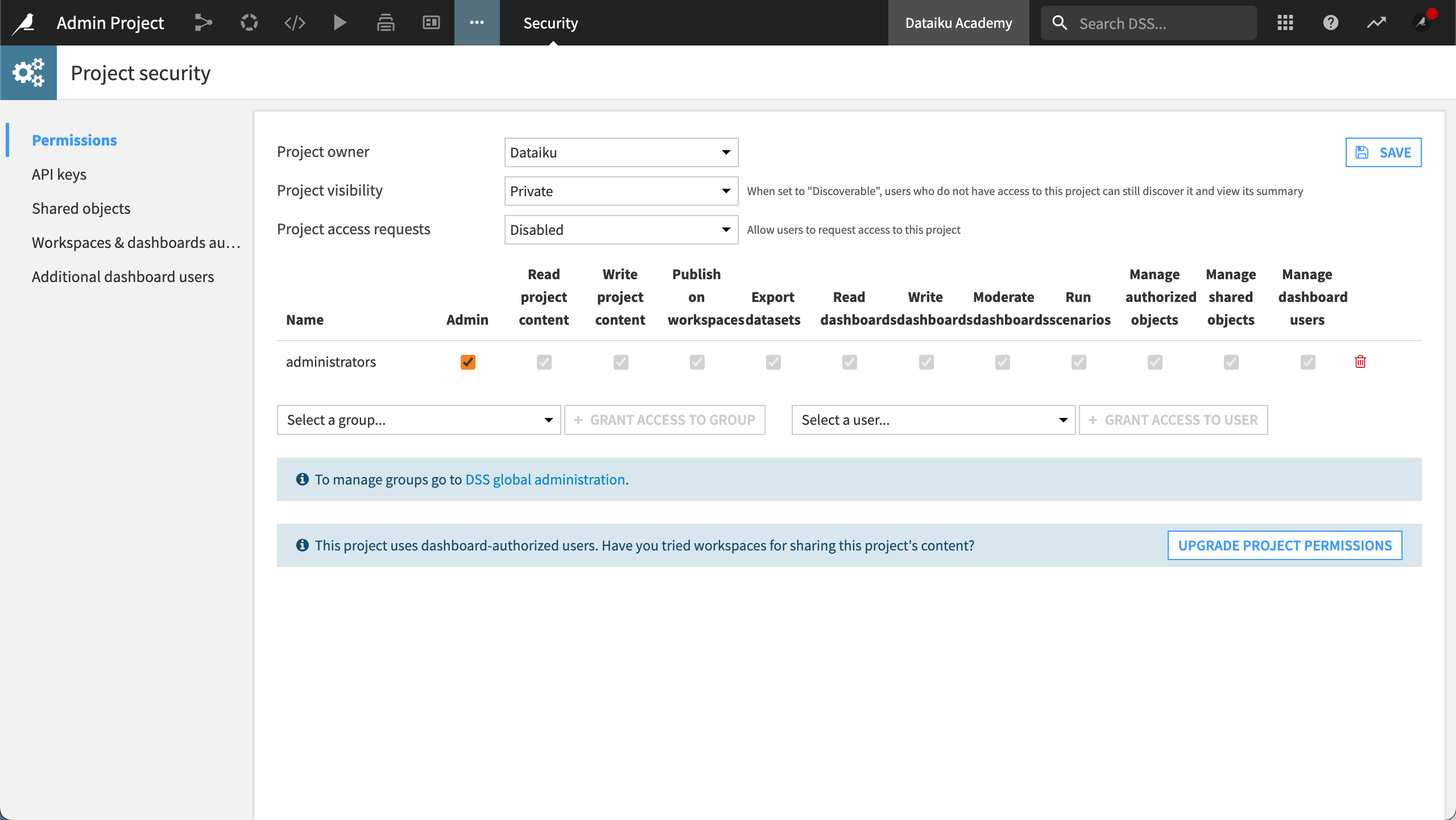 Project security settings for a project.