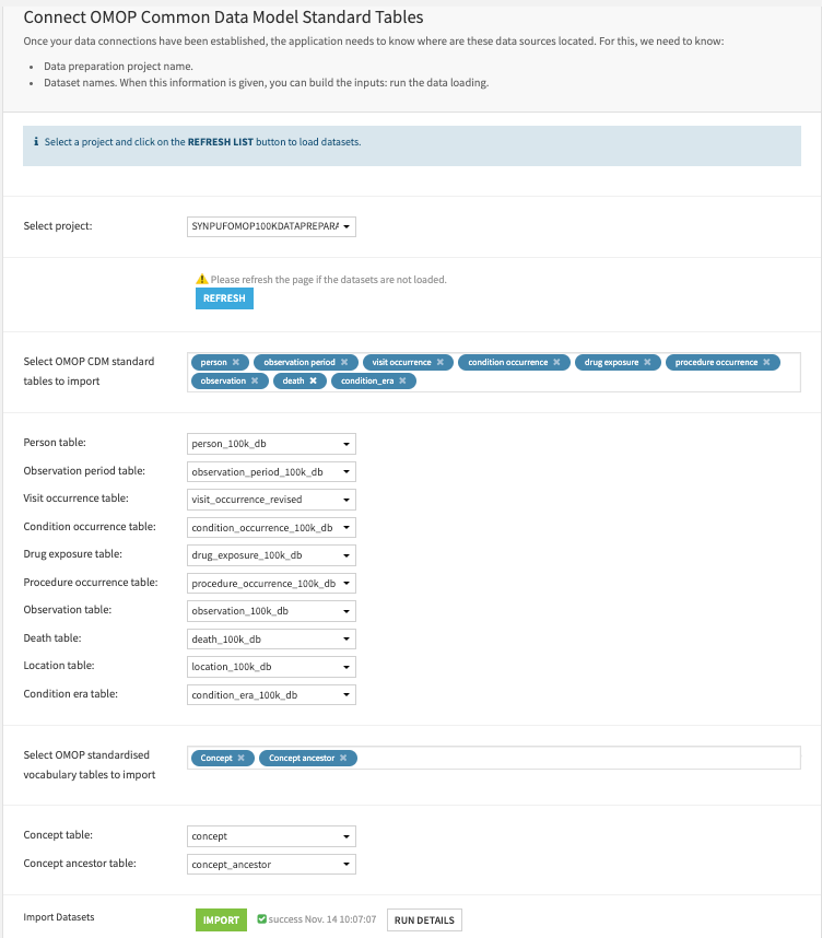 Screenshot of importing OMOP tables.