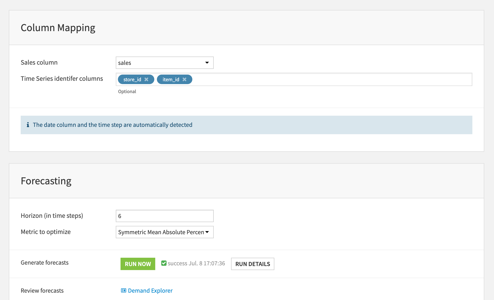 Dataiku screenshot showing the Demand Forecast configuration interface.