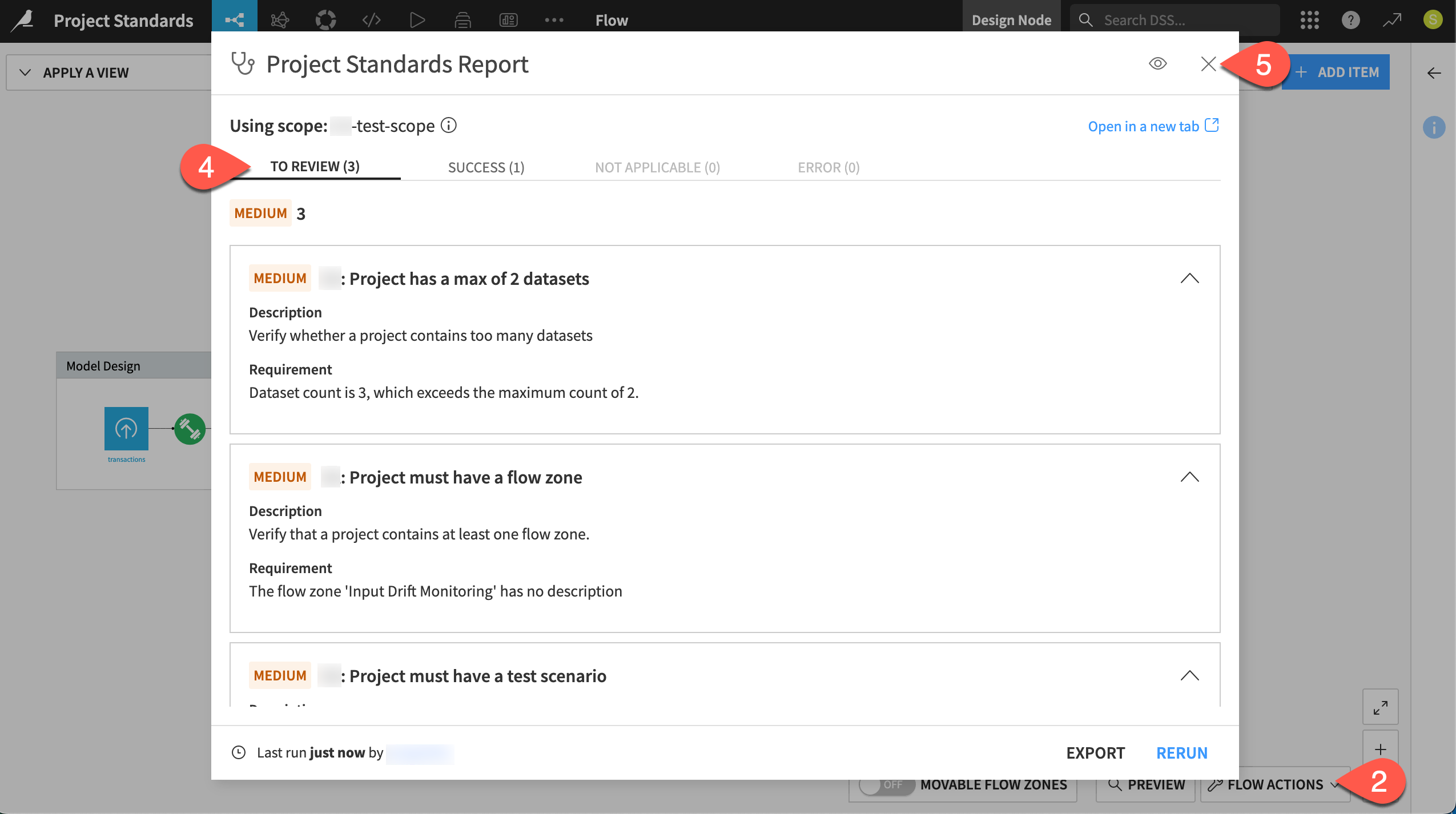 Dataiku screenshot of a Project Standards report in the Flow.