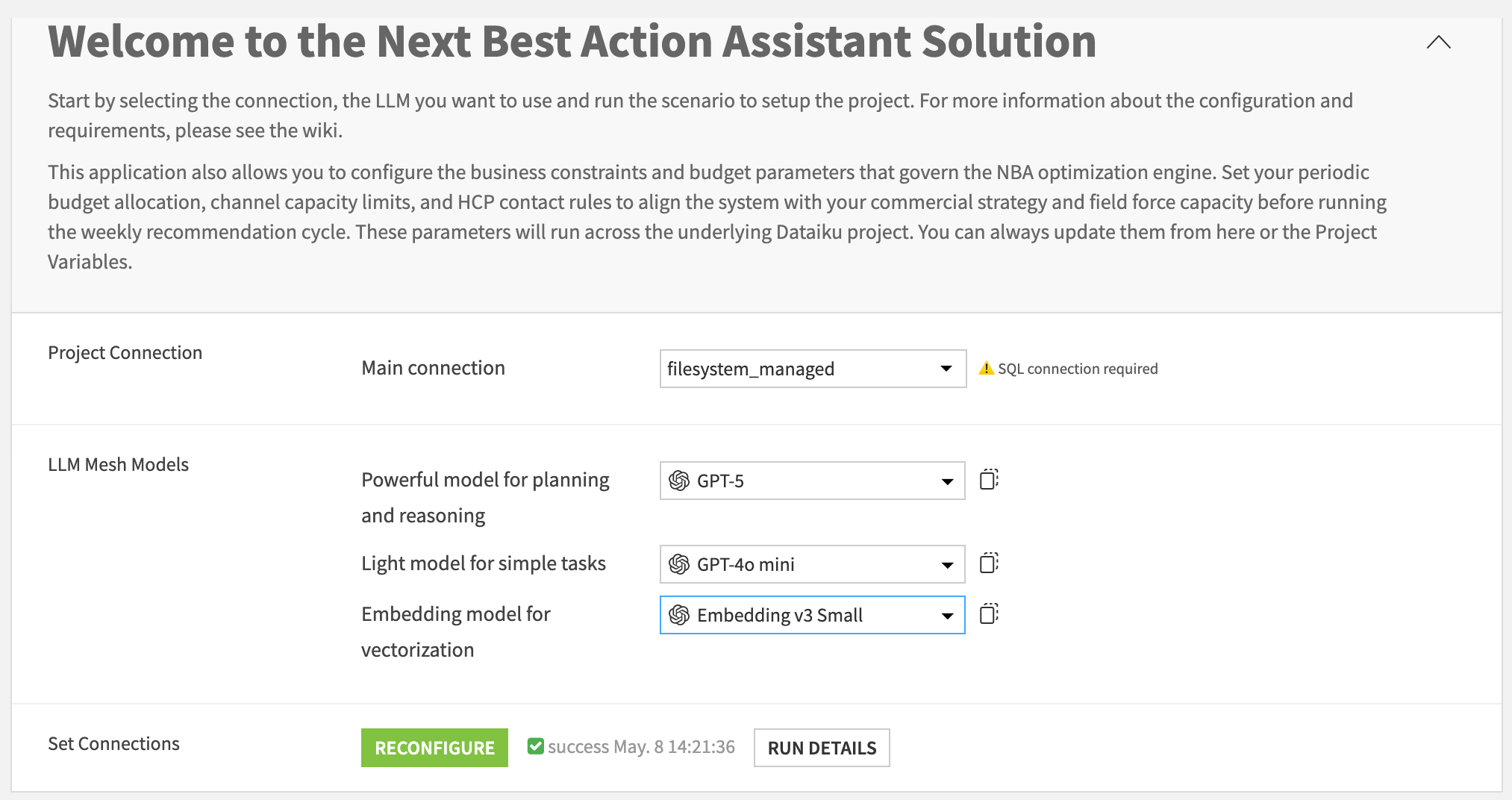 Dataiku screenshot of the project setup connection configuration.