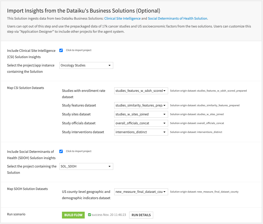 Screenshot of the project setup import solutions