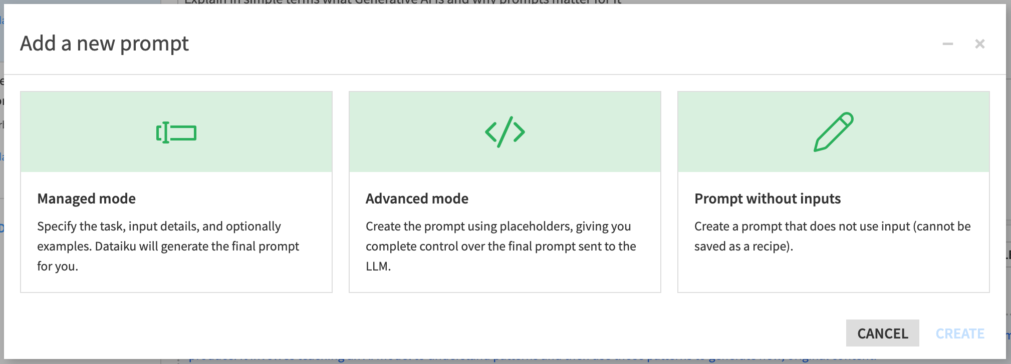 The new prompt info window where you choose the mode to write your prompt in.