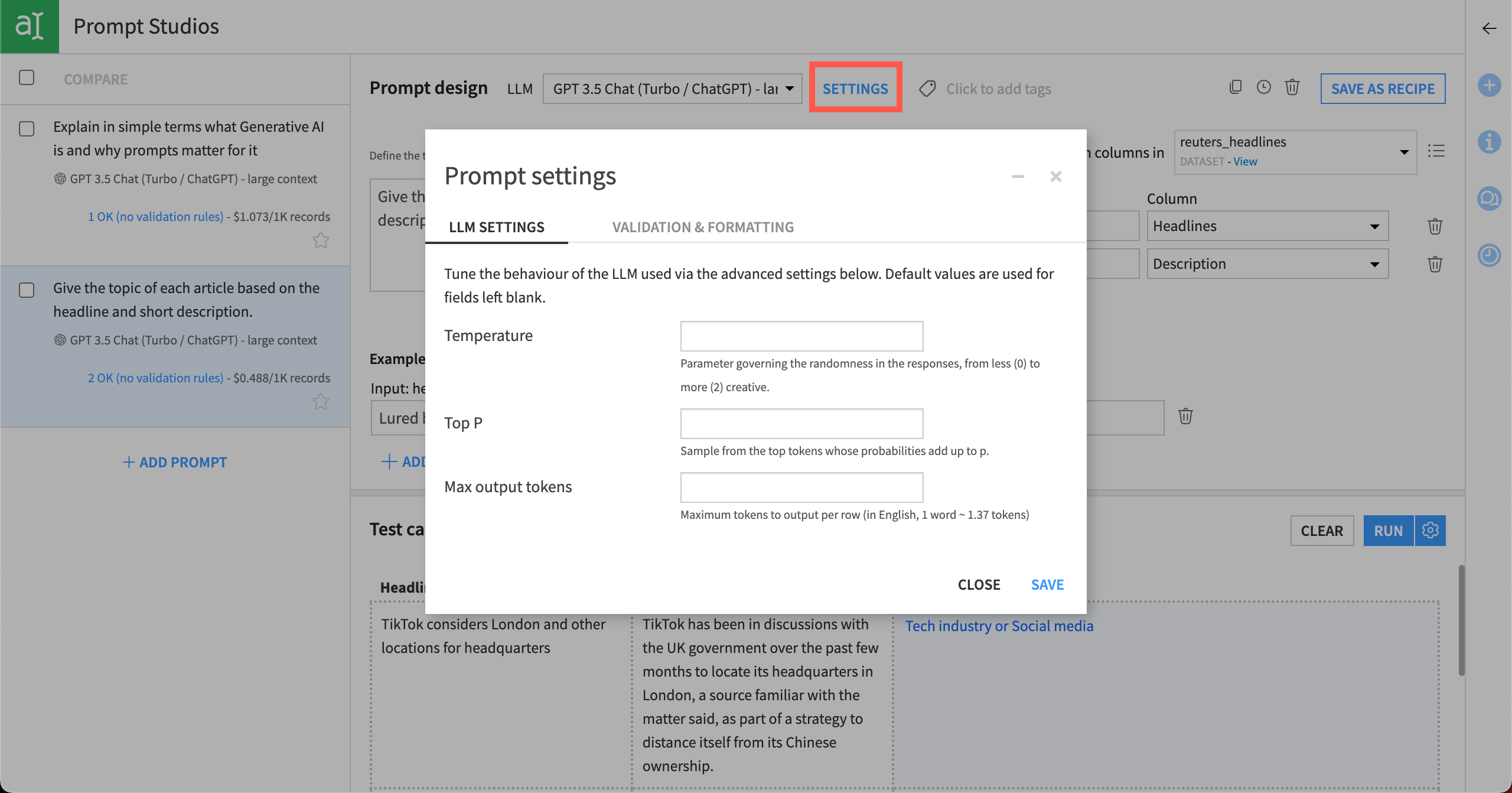 Prompt settings for validation and formatting.