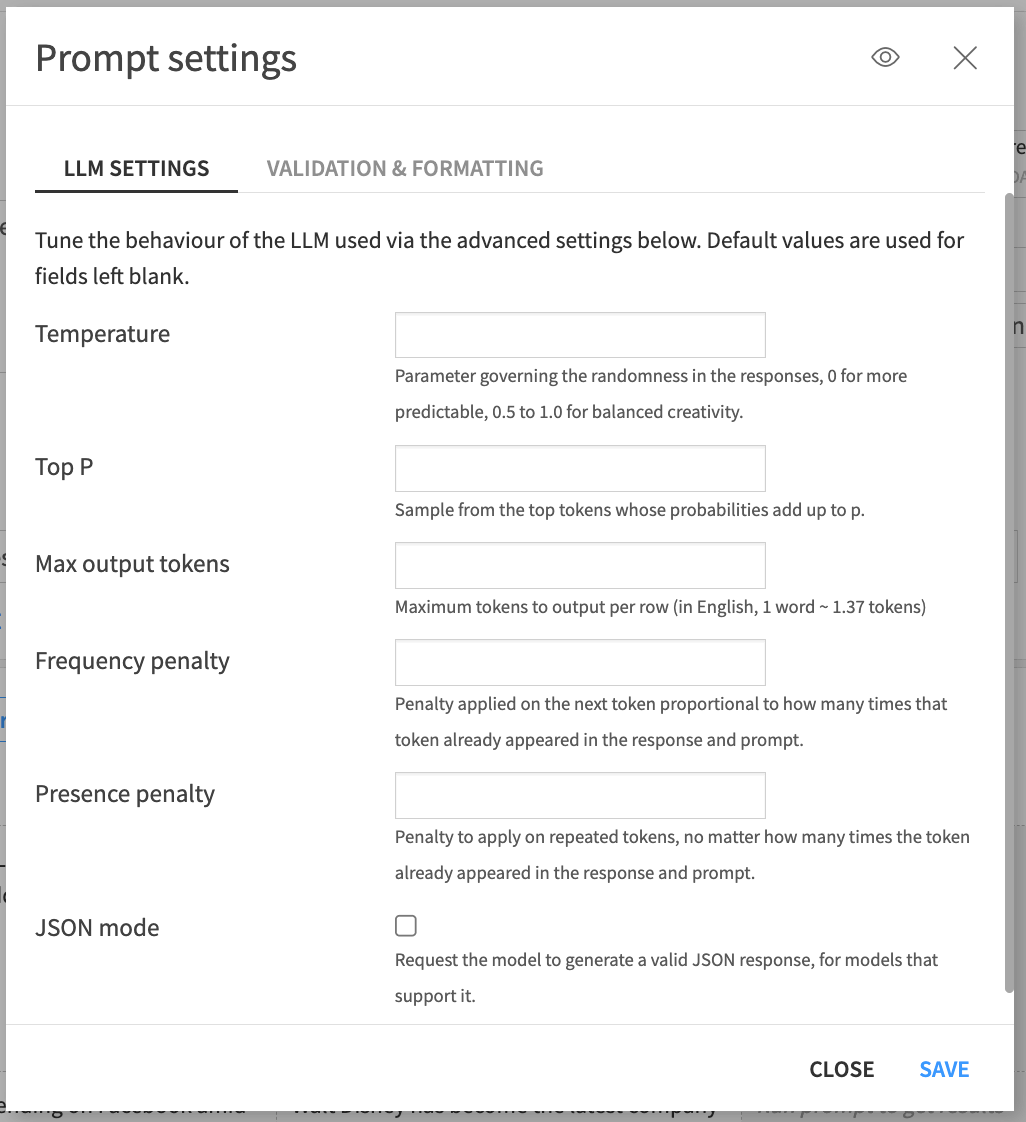 Prompt settings for validation and formatting.