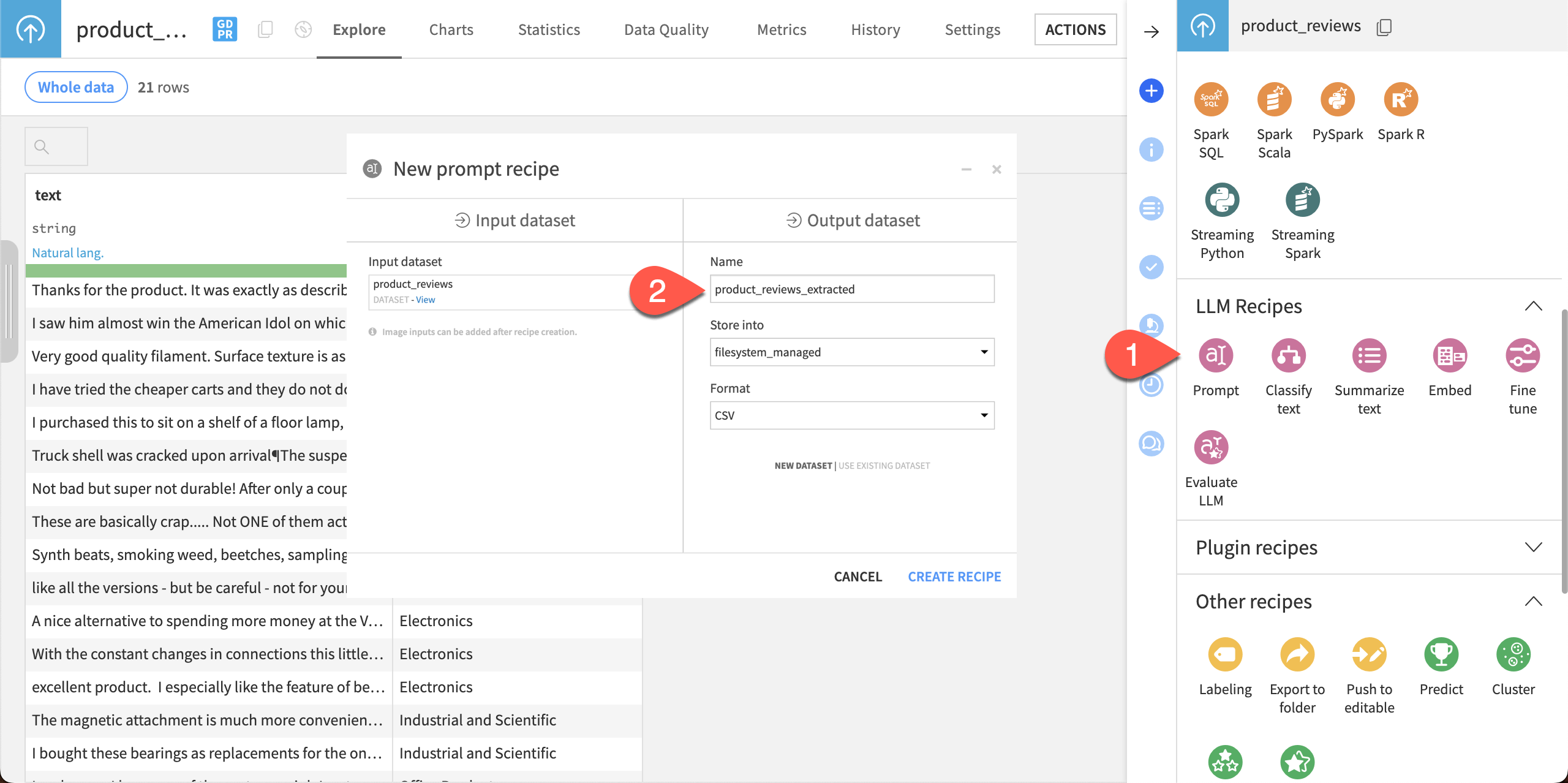 Steps to create a new prompt recipe with the output dataset product_reviews_extracted.