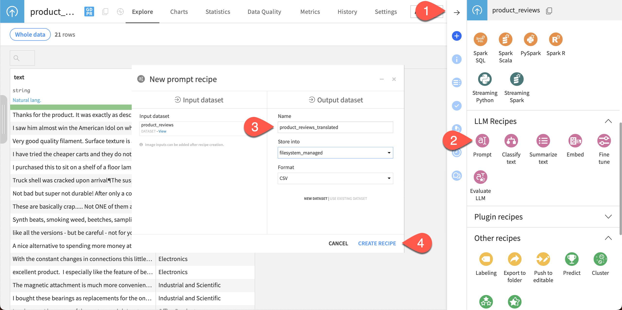 Steps to create the Prompt recipe.