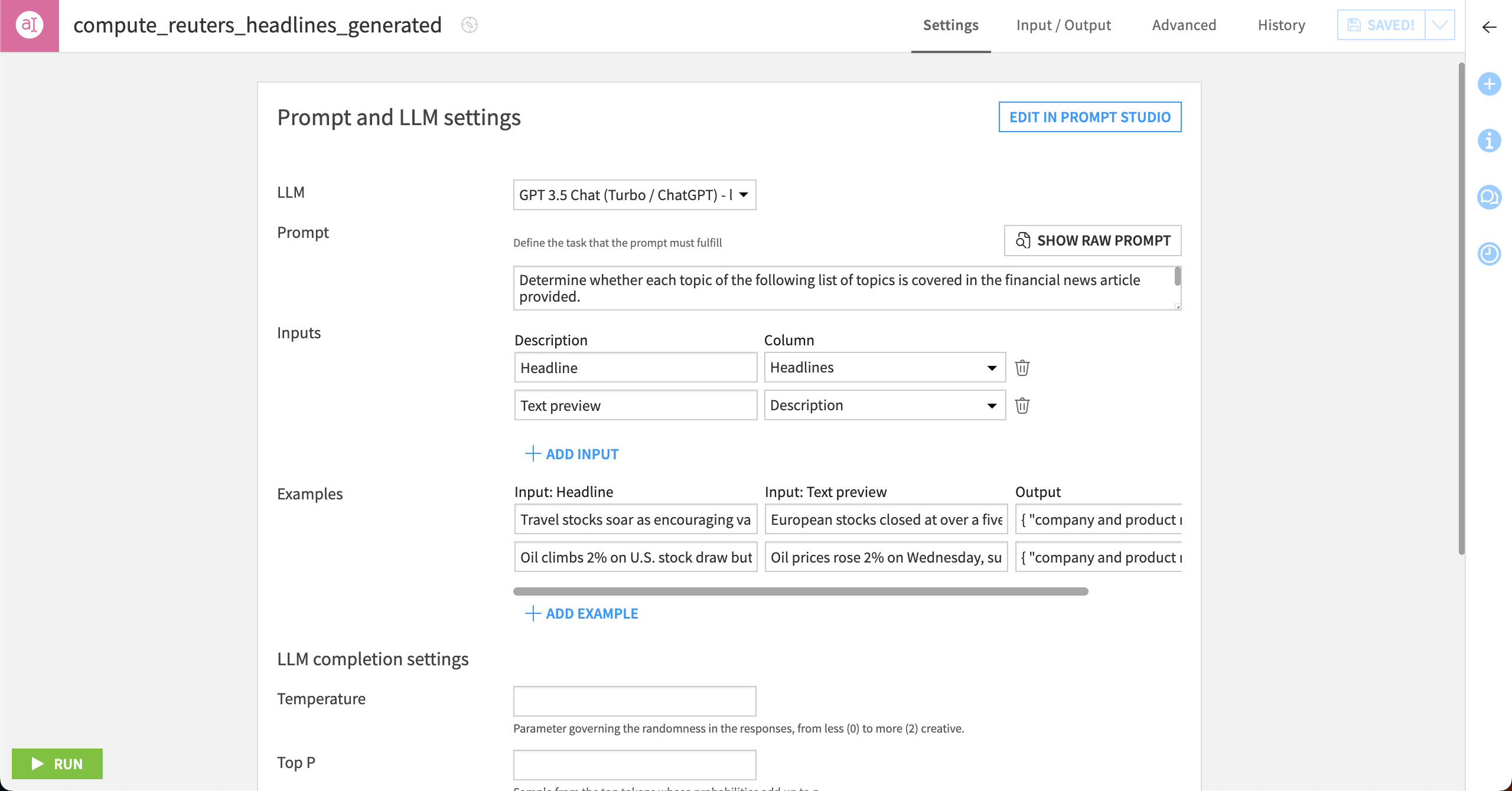 Screenshot with JSON object selected in the prompt settings.