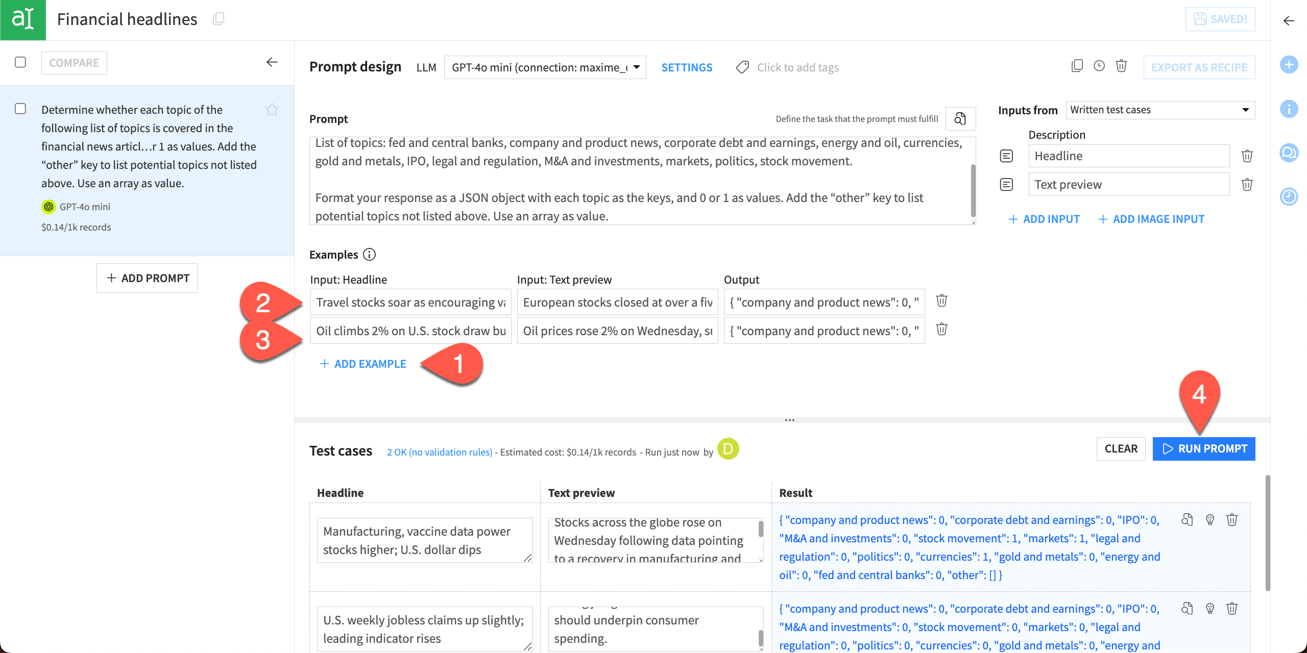 Screenshot of the final prompt with examples and results from test cases.