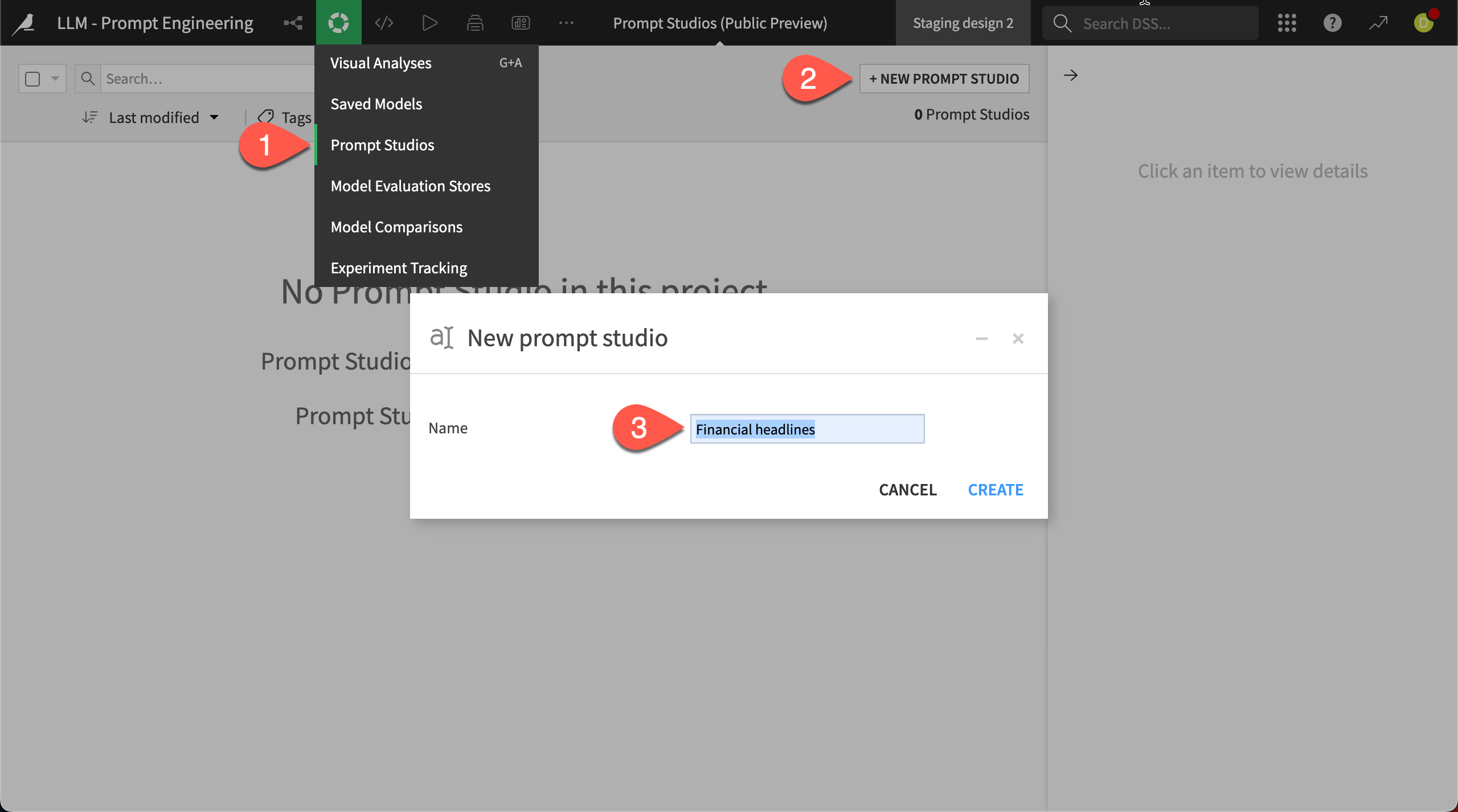 Screenshot of the steps to create a new Prompt Studio.