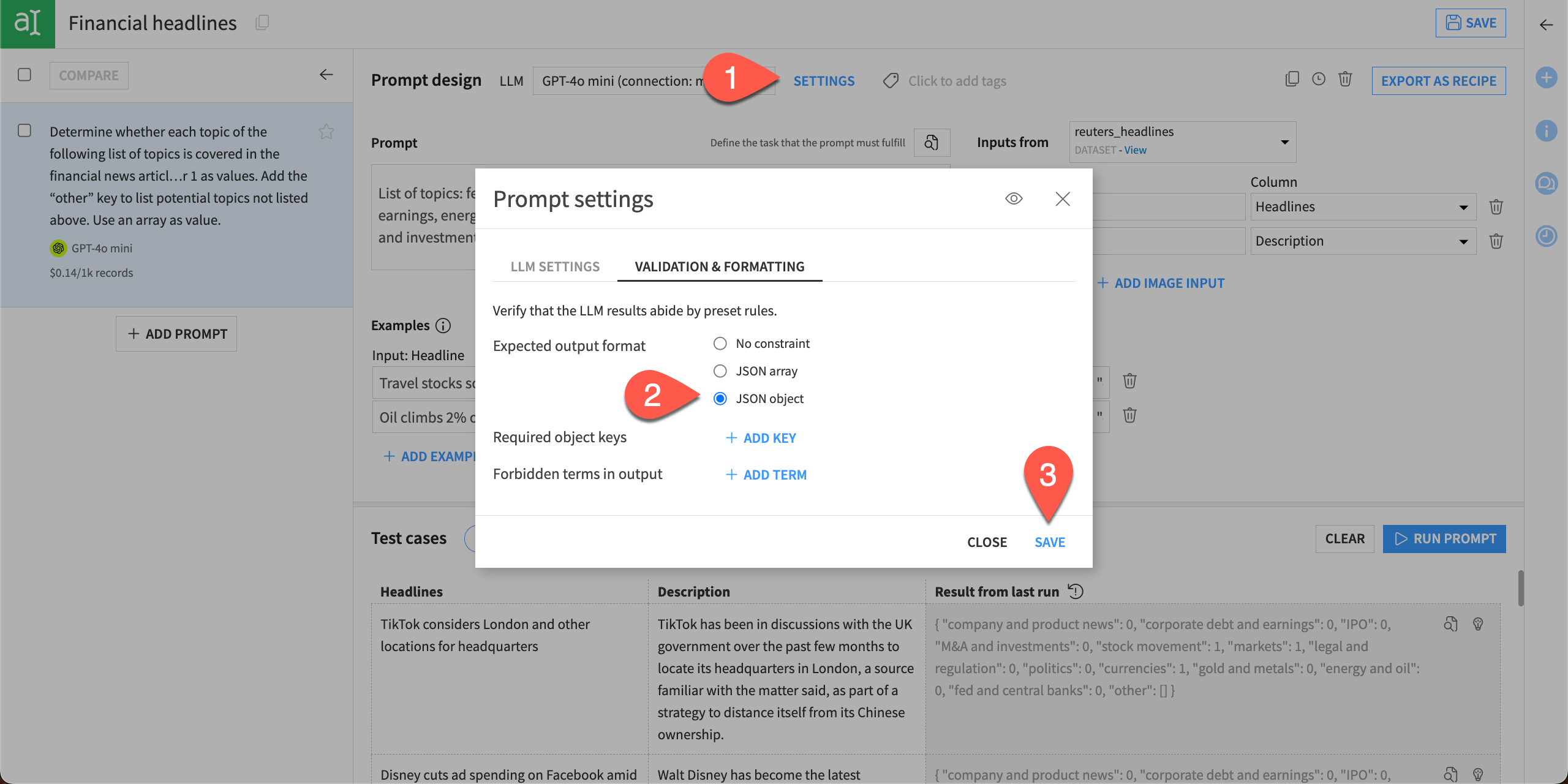 Screenshot with JSON object selected in the prompt settings.