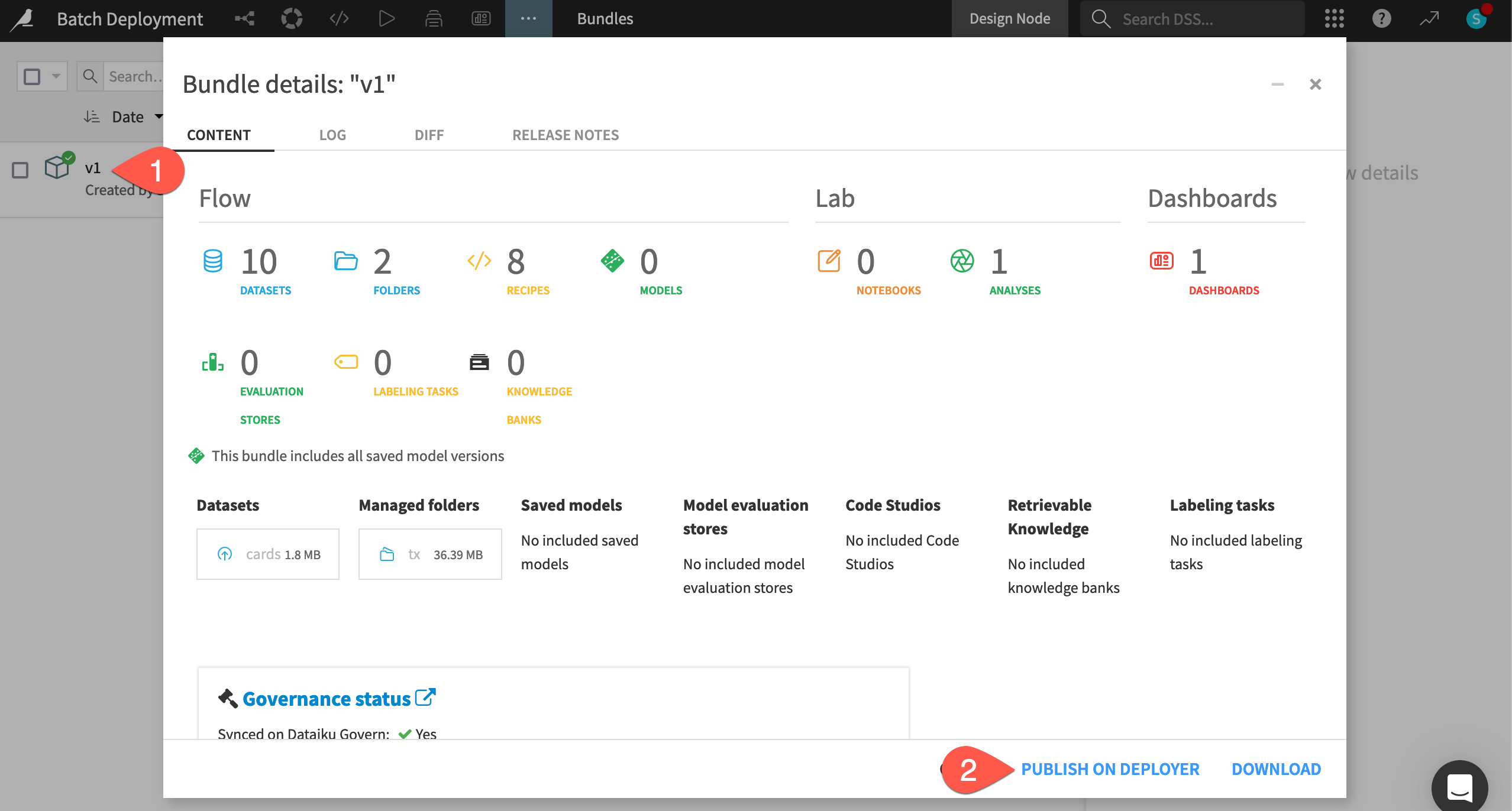 Dataiku screenshot of the dialog for publishing a bundle to the Deployer.