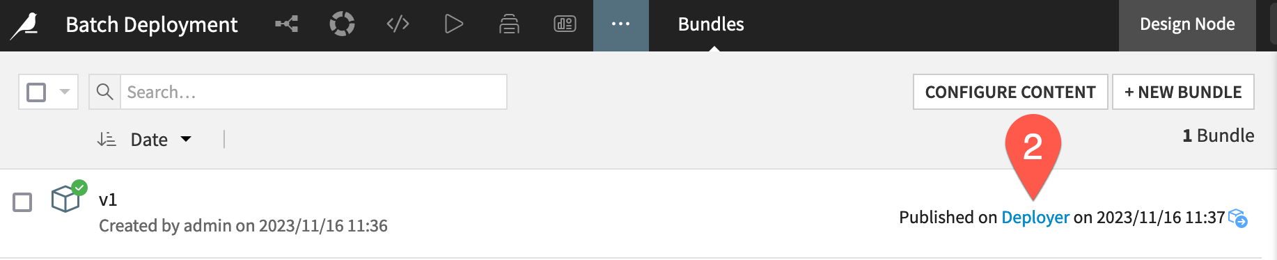Dataiku screenshot of the bundles page showing a bundle published to the Deployer.
