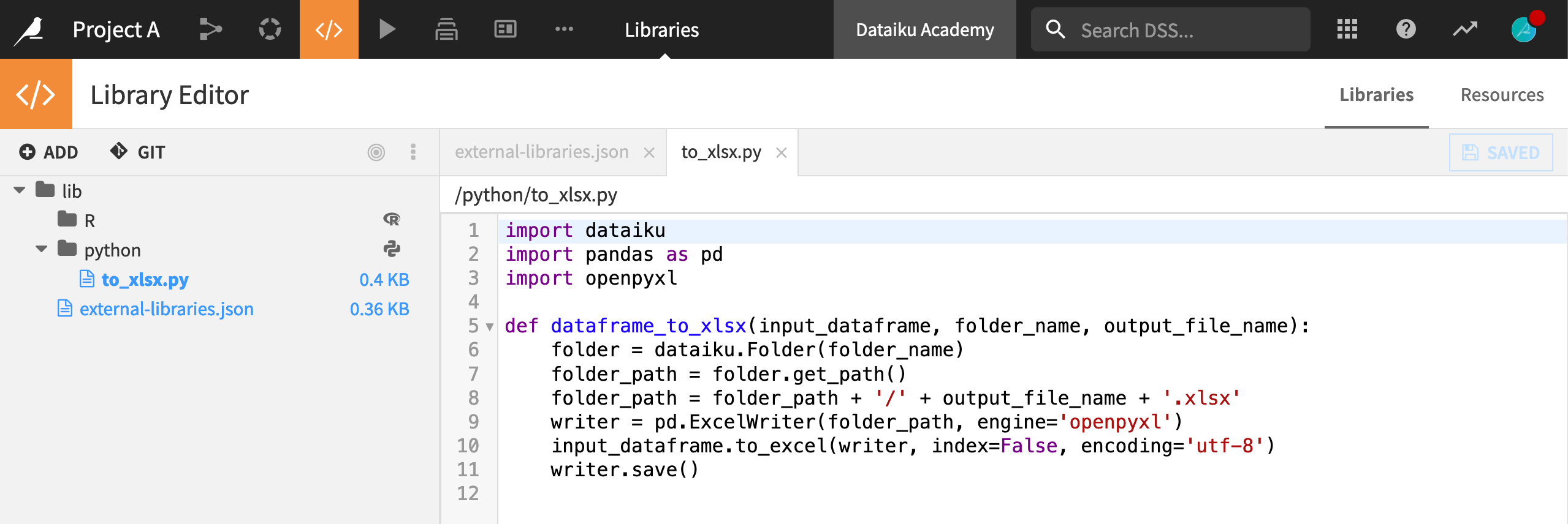 Dataiku screenshot of a Python code library.