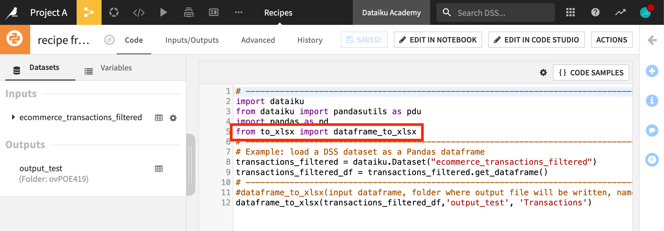 Dataiku screenshot of a Python recipe importing a module from a code library.