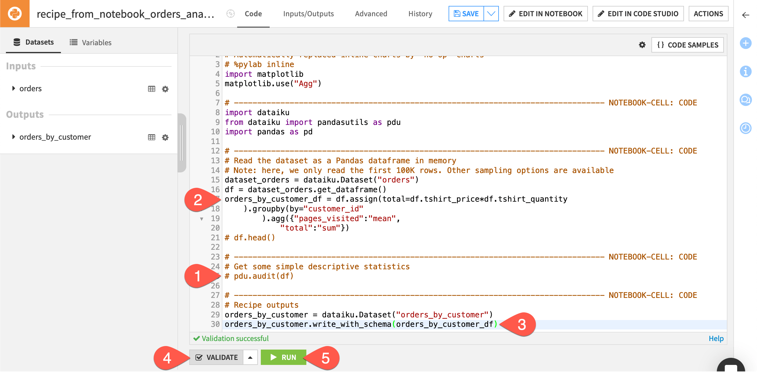 Dataiku screenshot of a code recipe having finished running.