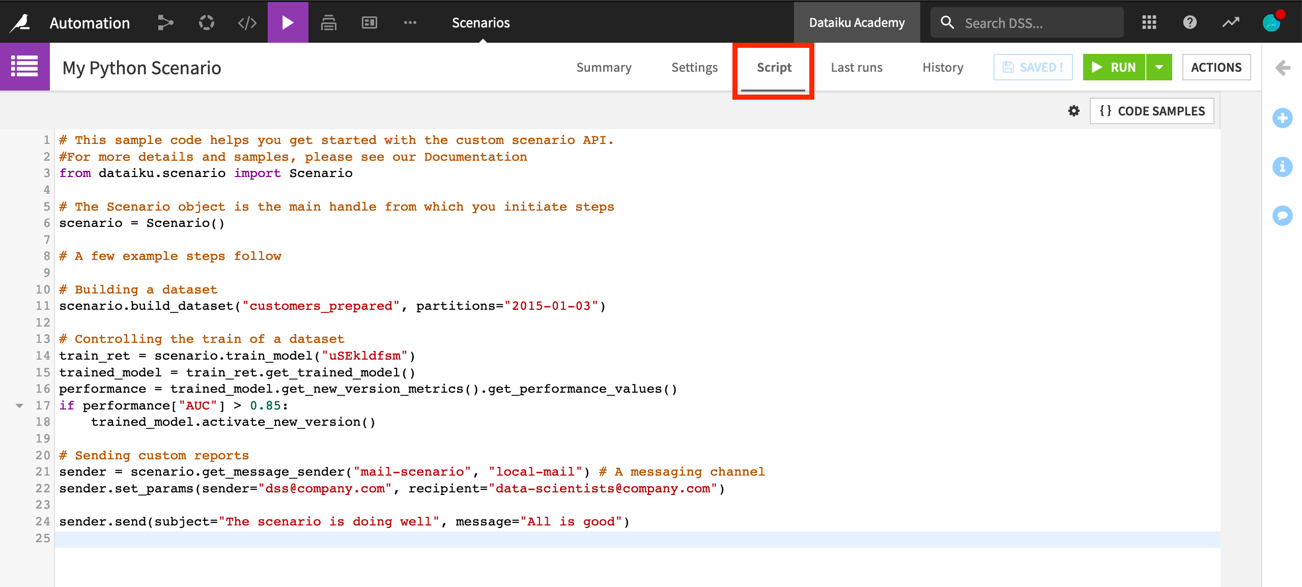 Dataiku screenshot of the Script tab of a fully Python scenario.