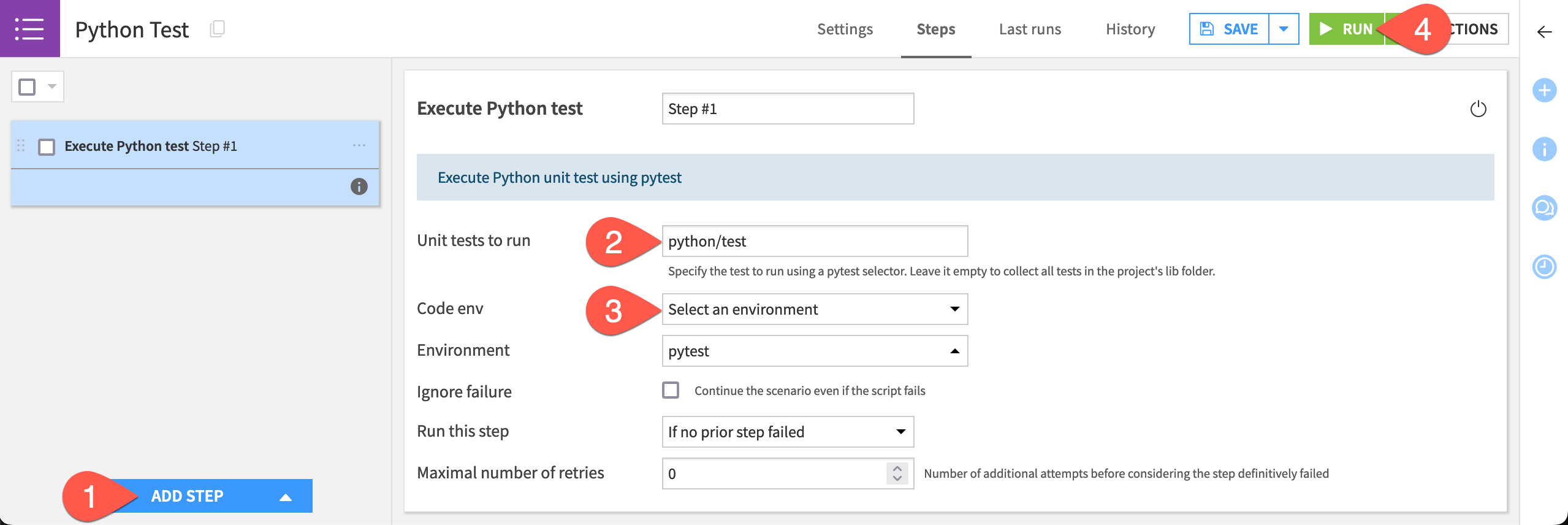 Dataiku screenshot of a Python test step in a scenario.