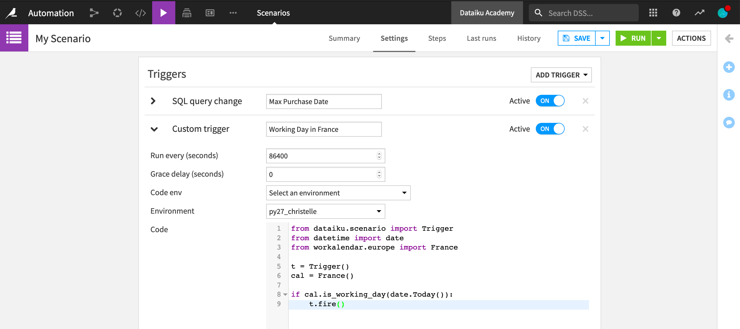 Dataiku screenshot of the Settings tab of a scenario showing a Python trigger.