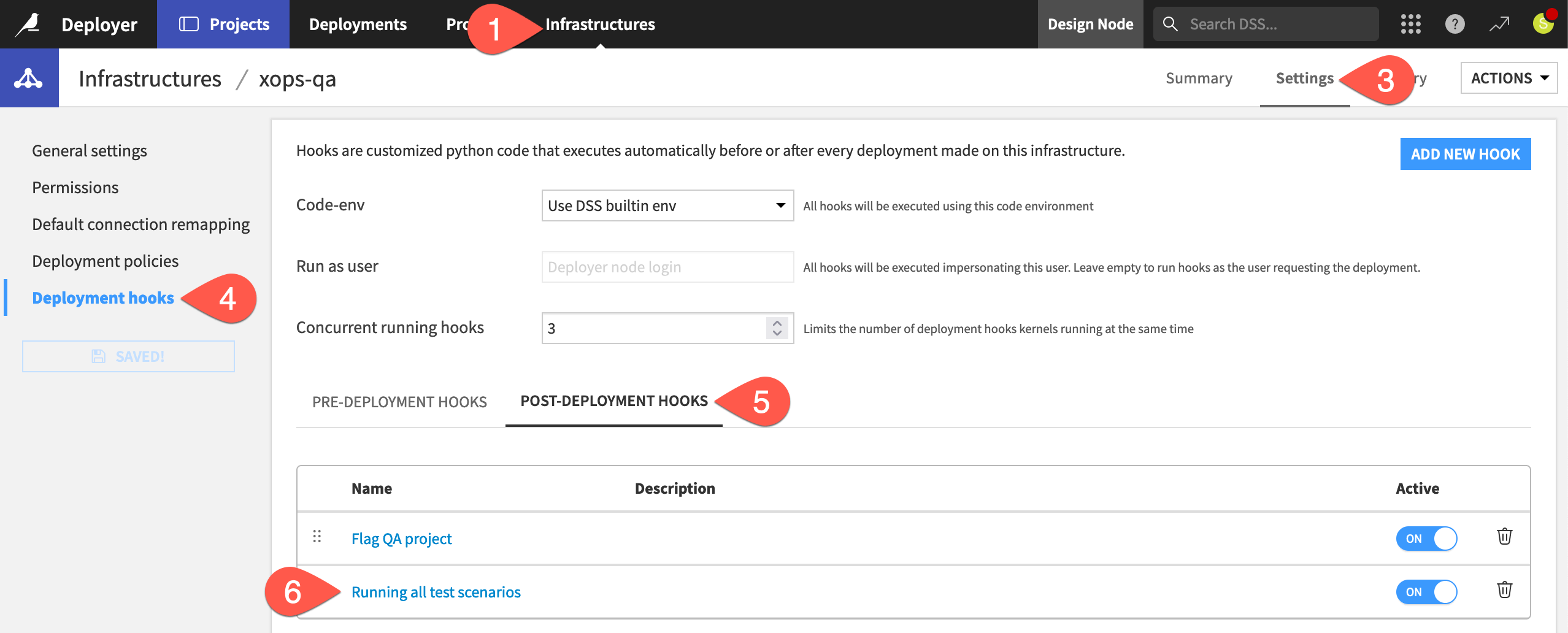 Dataiku screenshot of the deployment hooks panel of an infrastructure.