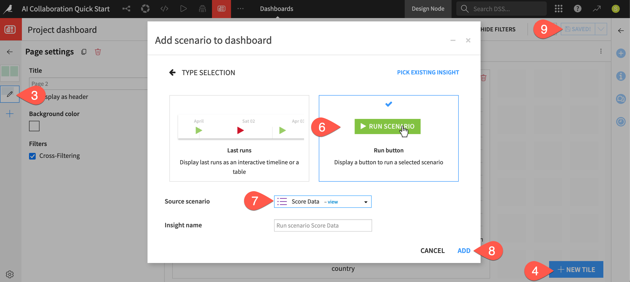 Dataiku screenshot of the dialog for adding a scenario to a dashboard.