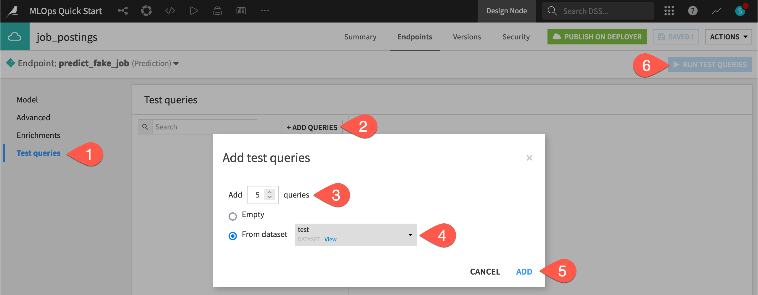 Dataiku screenshot of test queries in the API designer.
