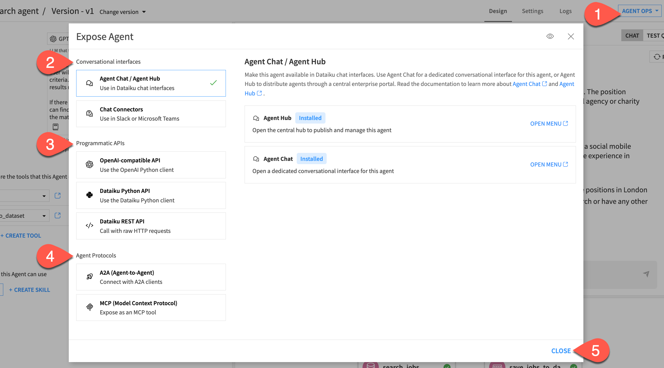 Dataiku screenshot of the modal to expose an agent.