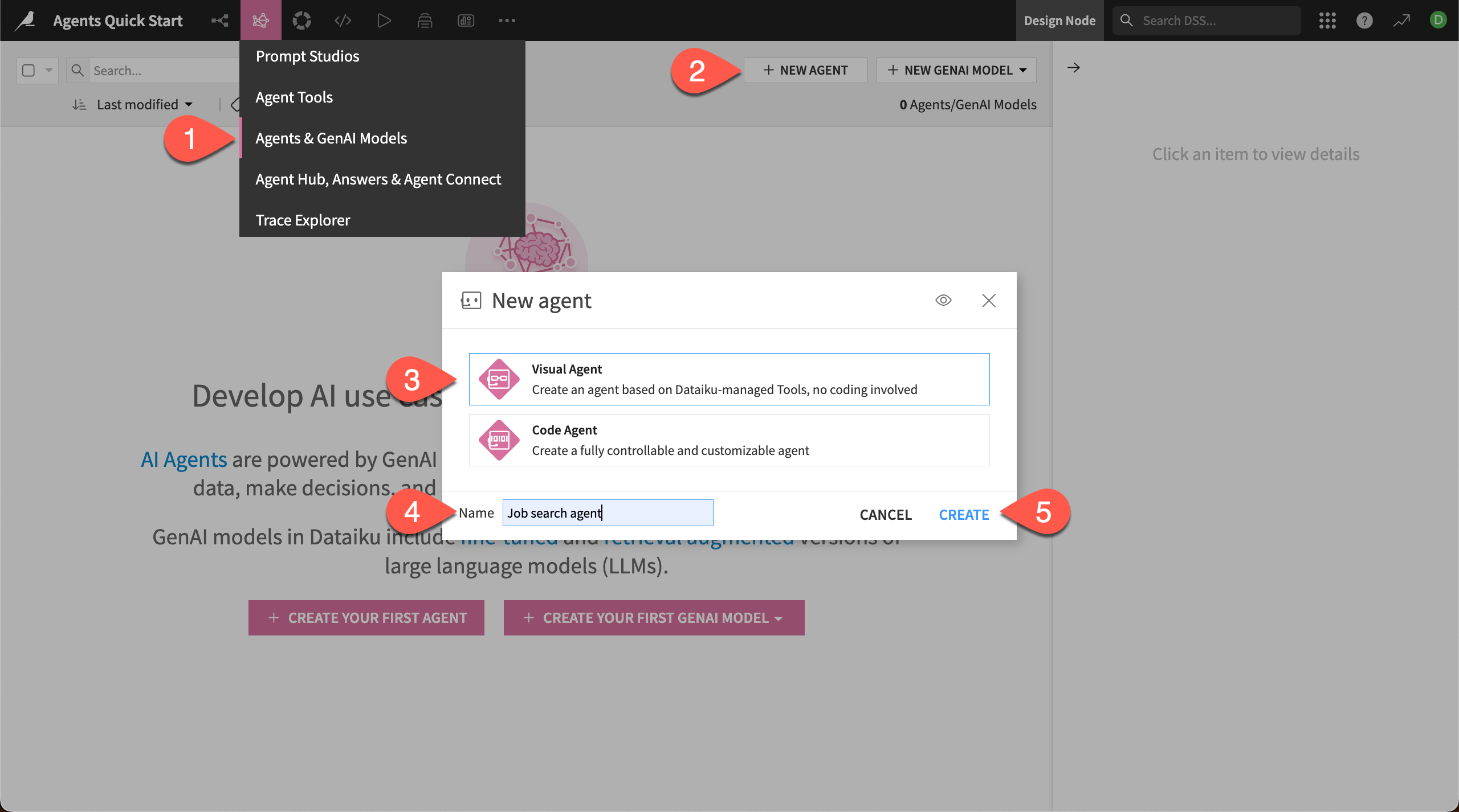 Steps to create a new visual agent.
