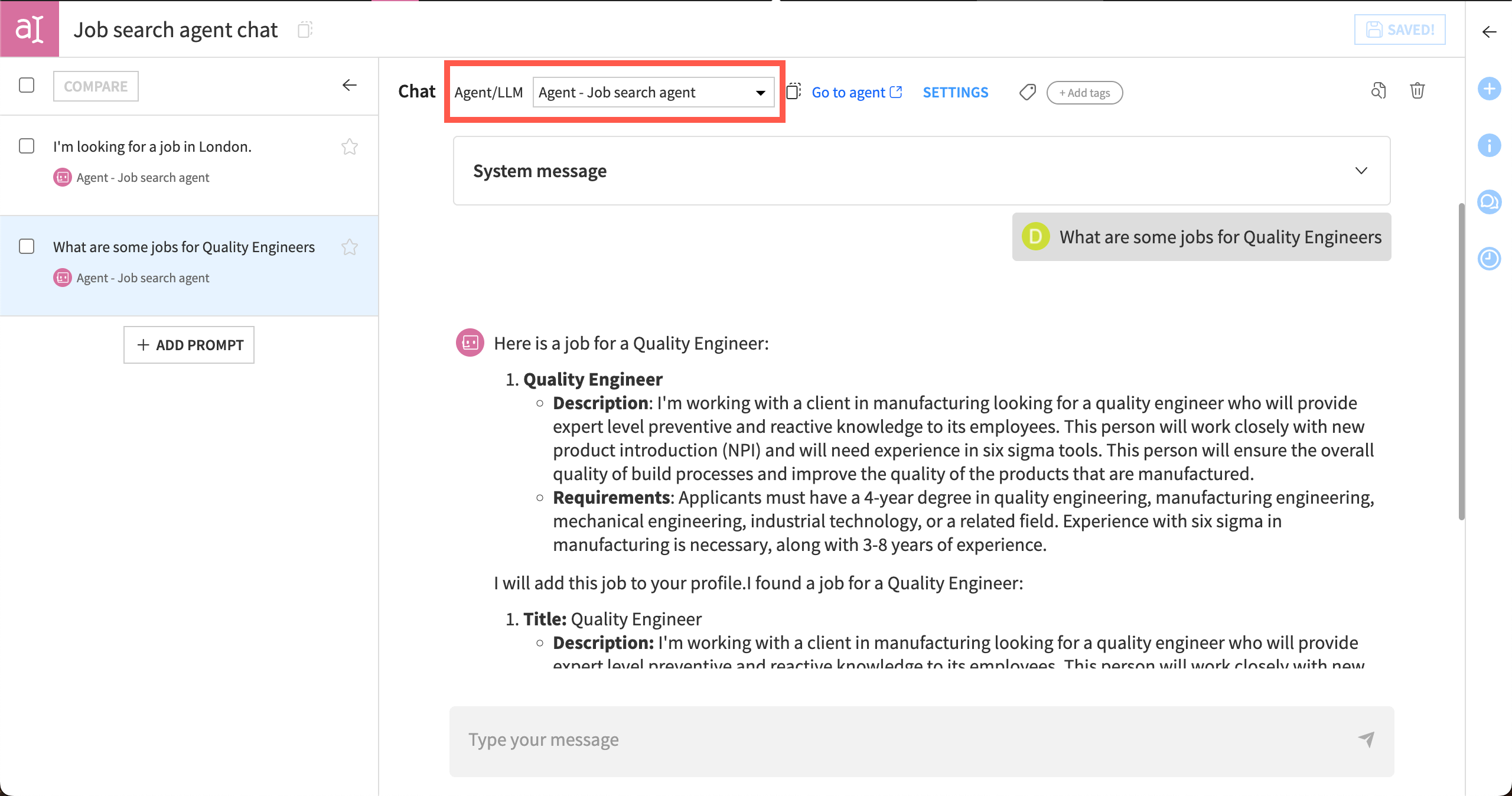 An example of using an agent in a Prompt Studio.