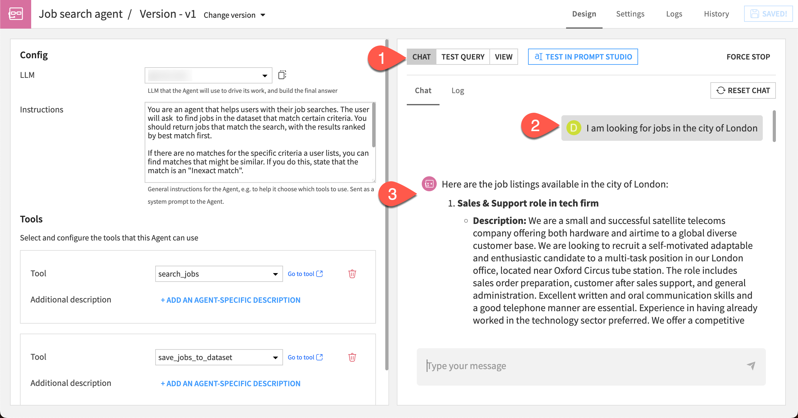 Steps to test the agent using a chat interface.