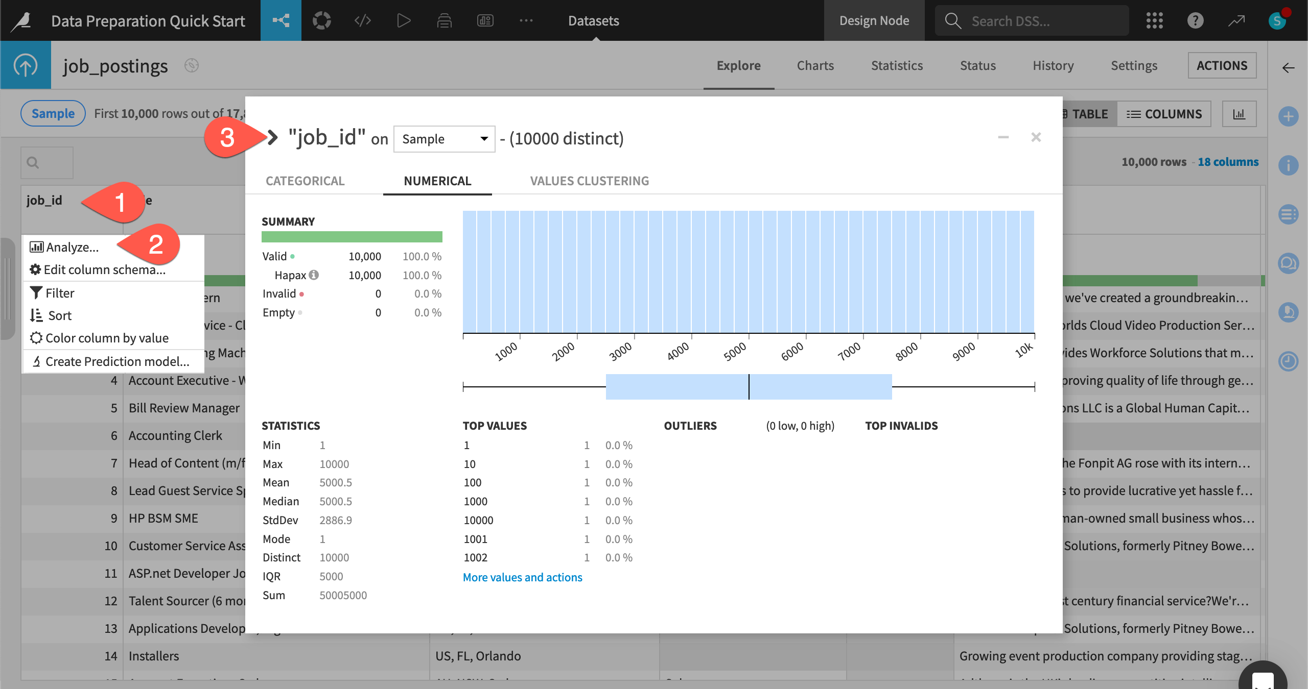 Dataiku screenshot of the Analyze tool.
