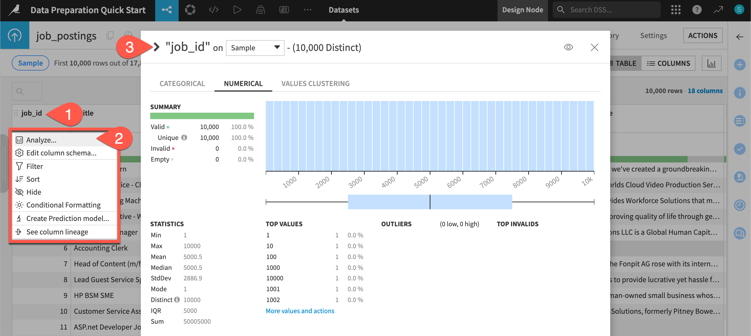 Dataiku screenshot of the Analyze tool.