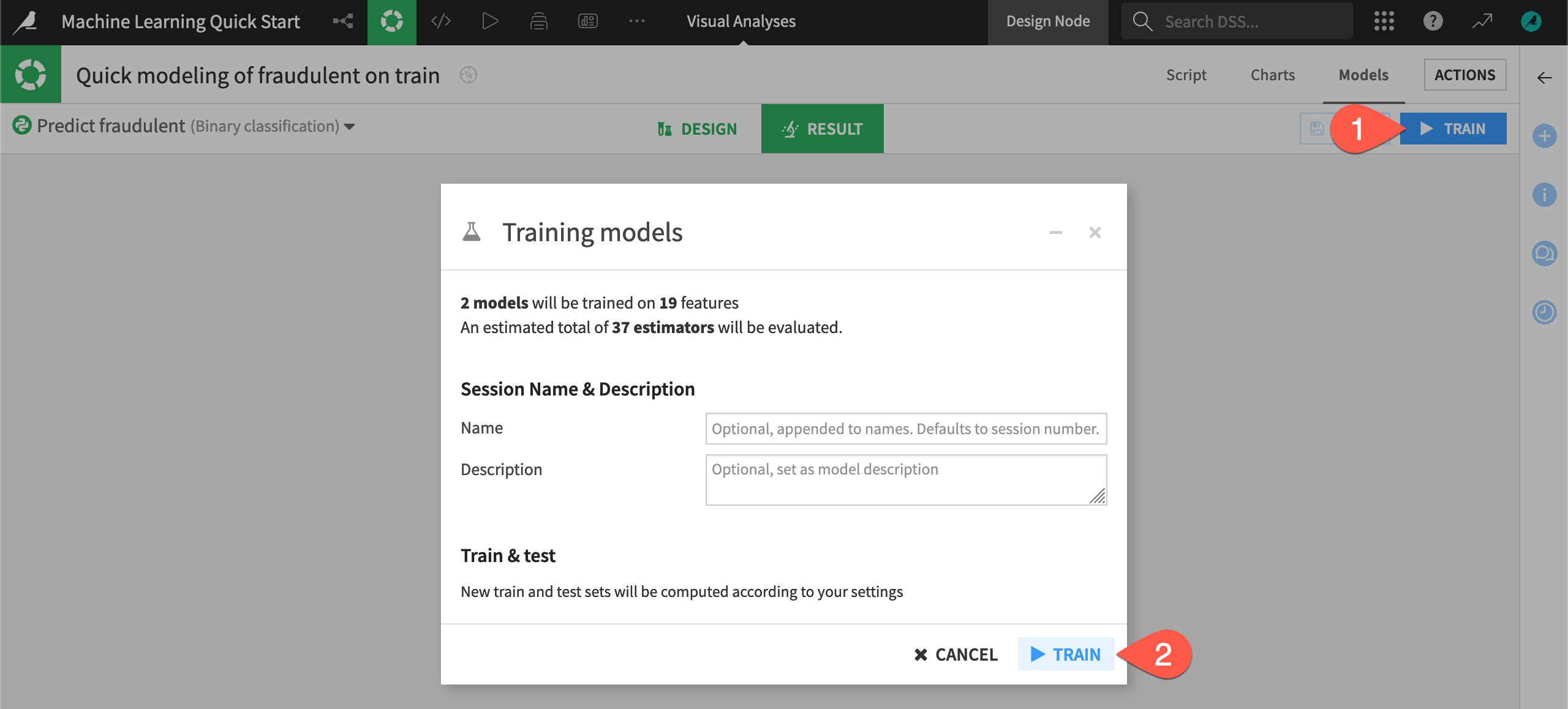 Dataiku screenshot of the dialog to train an ML model.