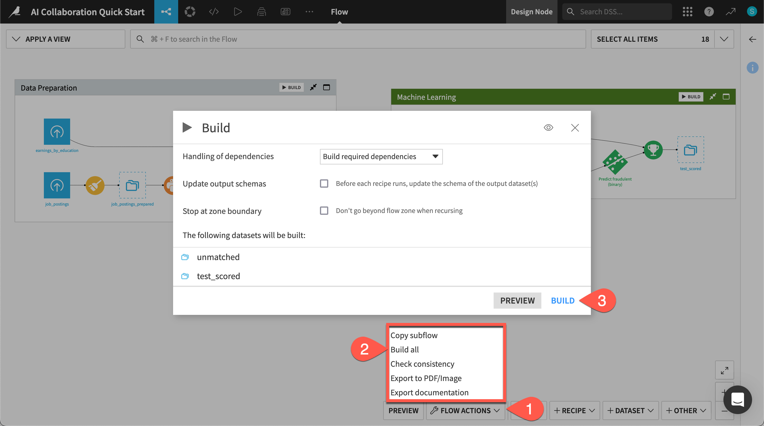 Dataiku screenshot of the dialog for building the Flow.