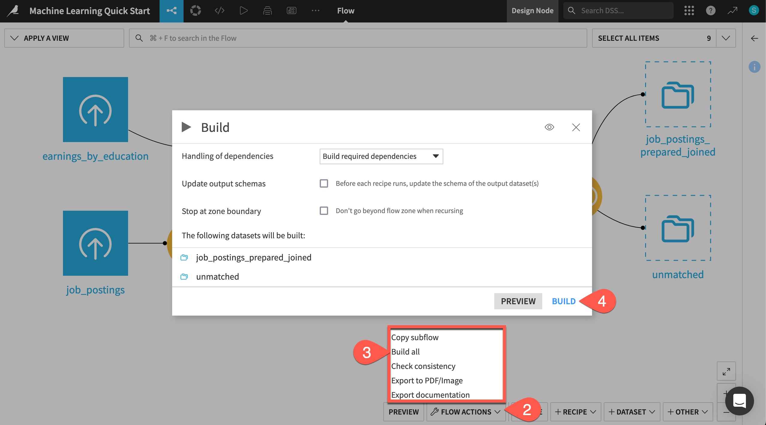 Dataiku screenshot of the dialog for building the Flow.