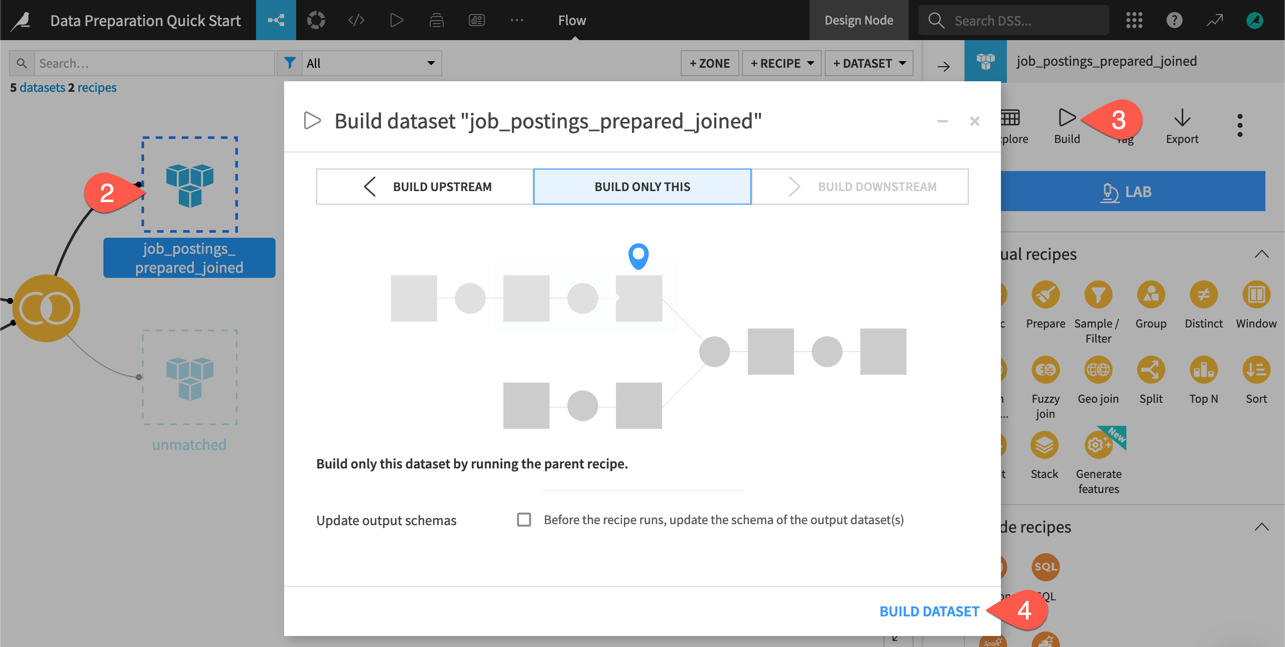 Dataiku screenshot of the build dialog for a dataset.