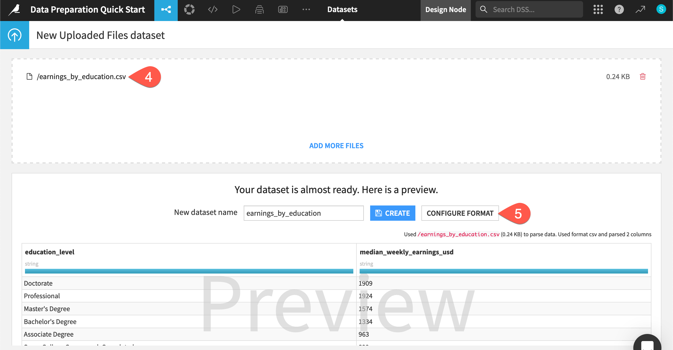 Dataiku screenshot of the data import process.