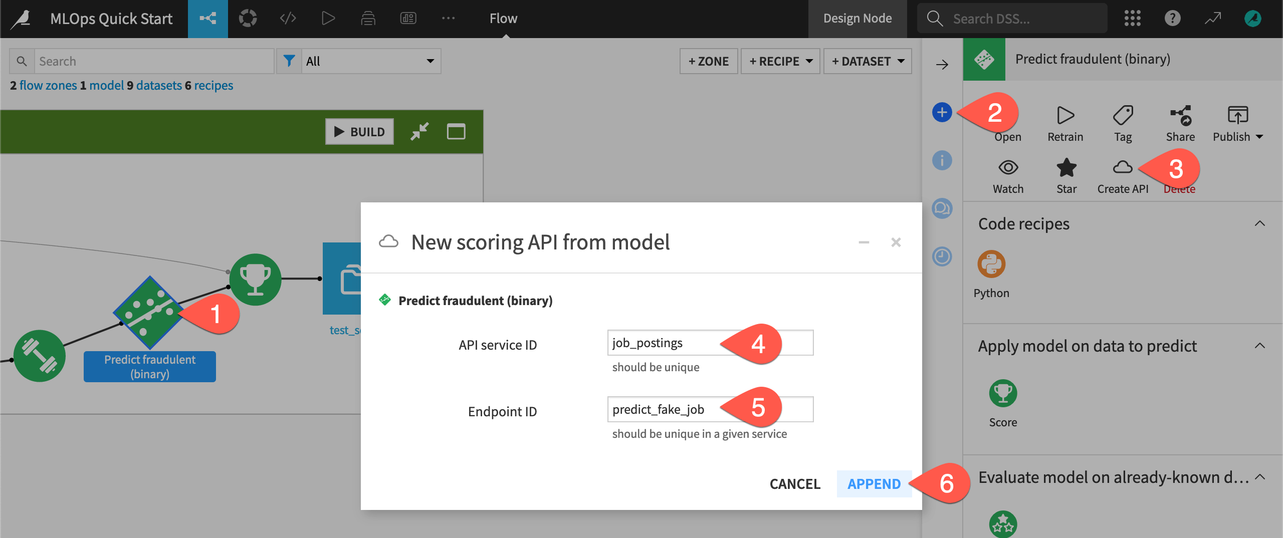 Dataiku screenshot of dialog for creating an API endpoint.