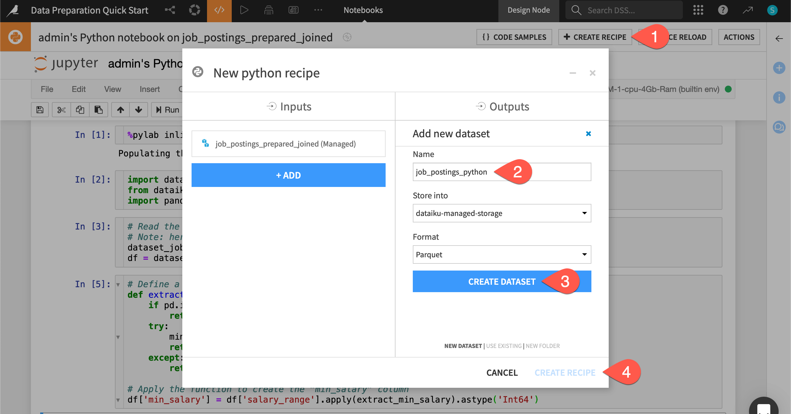 Dataiku screenshot highlighting code recipe creation in a notebook.