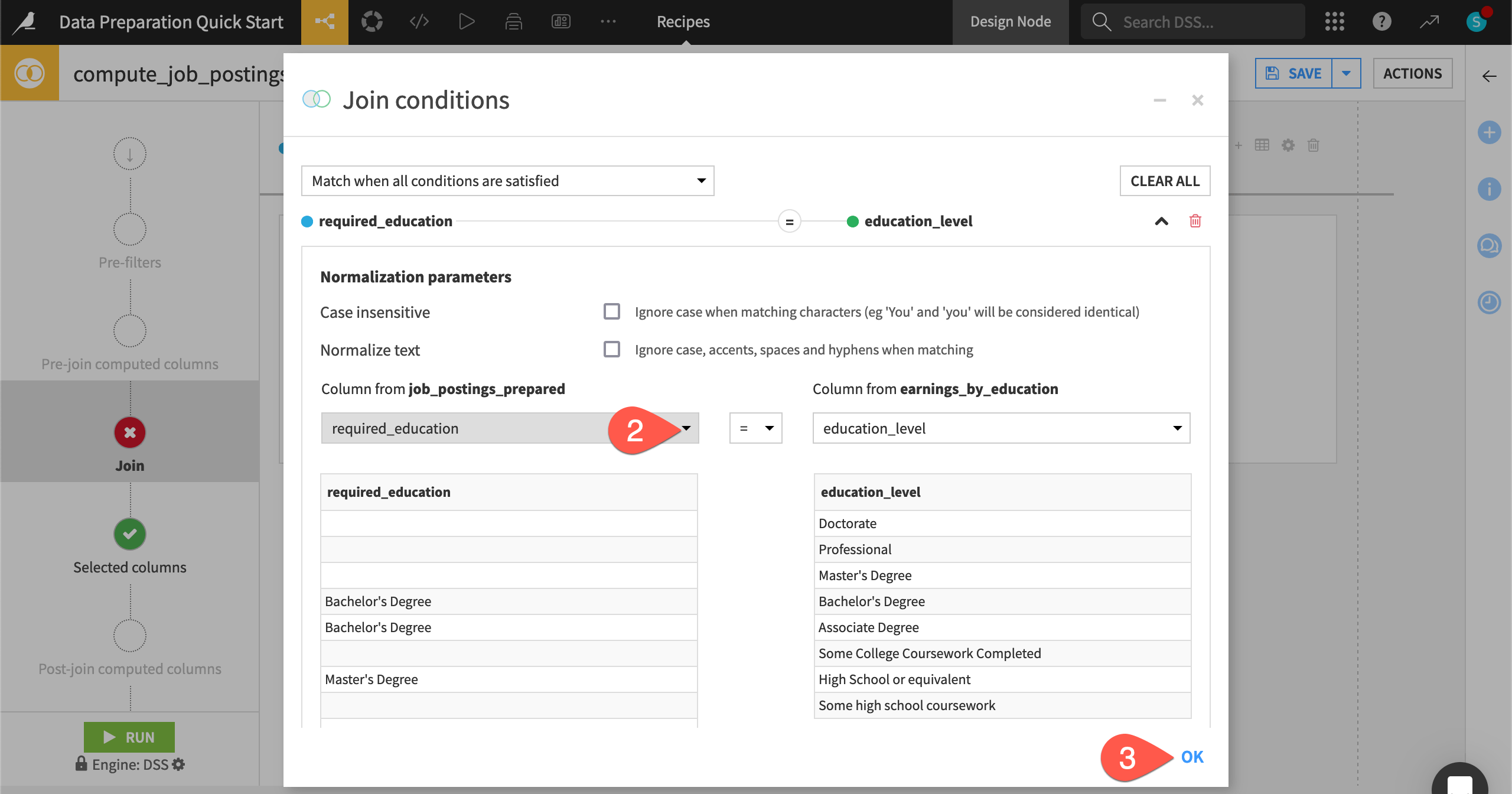 Dataiku screenshot of the Join step for a Join recipe.